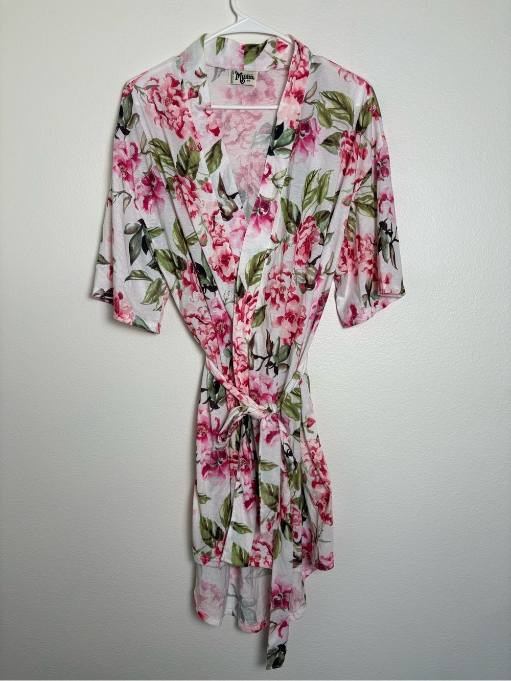 Show Me Your MuMu White Floral Tie-Waist Robe with Pink/ Green Print Size Small
